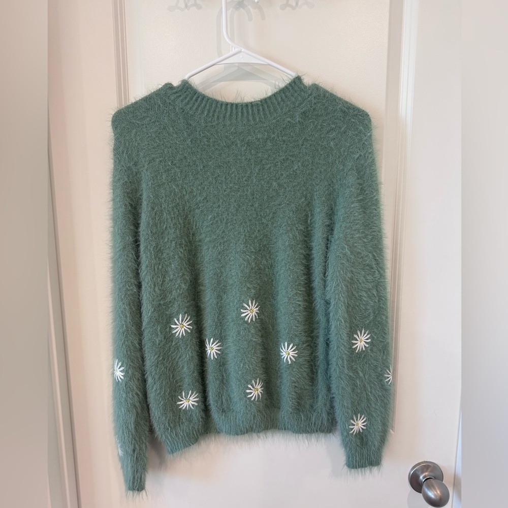 Wild Honey Green Fuzzy Daisy Crewneck Sweater
